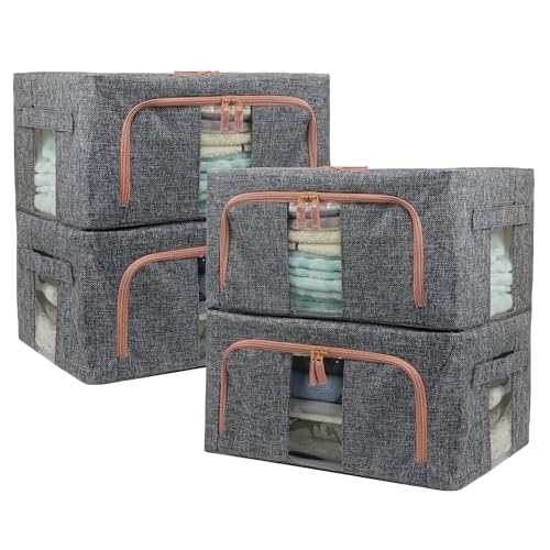 Linen Clothes Storage Bins, 4PCS Sturdy Closet Organizers and Storage Bin with Metal Frame, 2 Opening Ways Fabric Visible Lidded Storage Box for Organizing Clothing,Jeans,Sheets (4PC Gray, 22Liters)