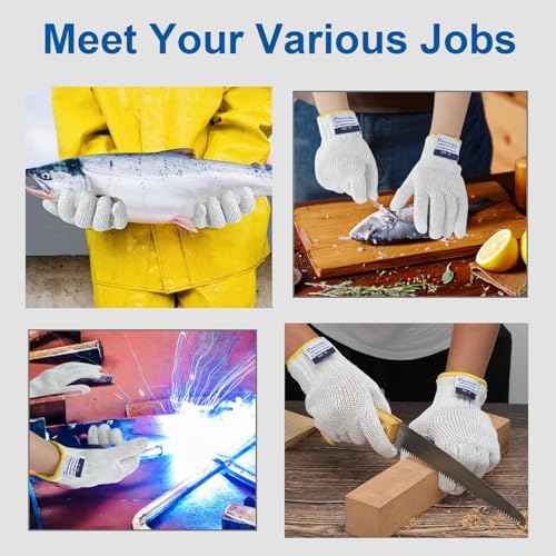 Dowellife Level 8 Reinforced Cut Resistant Gloves, Food Grade, Knife Safety Gloves for Meat Cutting, Oyster Shucking, Fish Fillet, Kitchen Slicing Carving, White, Large (Pack of 2)