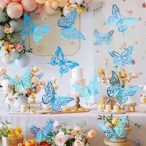 48Pcs 3D Butterfly Wall Decor - 3 Sizes, 4 Styles Decorations for Party, Birthday, Cake - Removable Shiny Blue Stickers for Kids, Baby, Girls Bedroom, Classroom, Offices