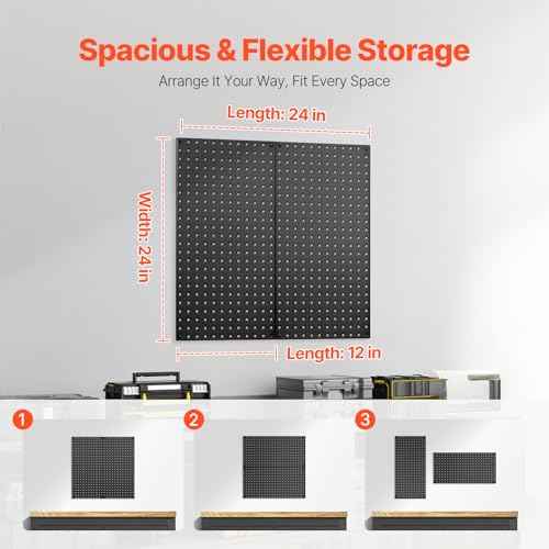 VEVOR Metal Pegboard Panels, 24" x 12" Pegboard, 2 Panels, Heavy Duty Steel Peg Board Wall Organizer, for Living Room Garage Tool Storage Workbench Office Organization Craft Room Kitchen Home, Black