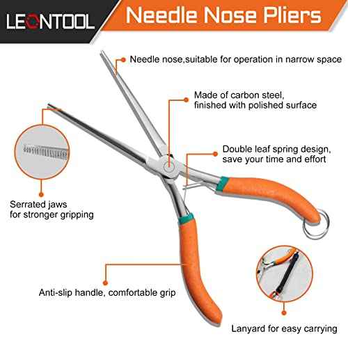 Long Reach Needle Nose Pliers 7" Thin Extra Long Needle Nose Pliers with Serrated Jaw Lanyard Double Leaf Spring Loaded for Jewelry Making Electrician Repair Tools in Tight Spaces