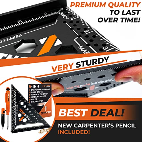 THORVALD 6-in-1 Carpenter Square with Pencil - 7 Inch Precision Multi-Tool for Woodworking