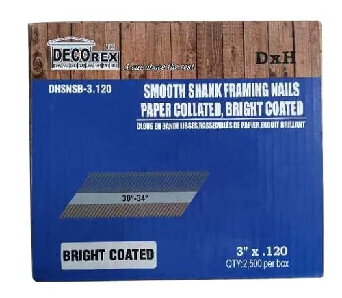 3" x .120 Smooth Shank Framing Nails, Paper Strip Collated, Clipped Head, Bright Coated Finish (30-34 Degree) - 2500pcs Box (DHSNSB-3.120)