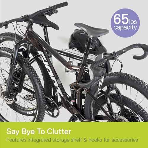 Delta Cycle 2 Bike Rack Garage - Foldable Bicycle Wall Mount Hanger with Storage Shelf Holds Up to 65 lbs - Horizontal Wall Bike Rack for Road, MTB, and Hybrid Bicycles