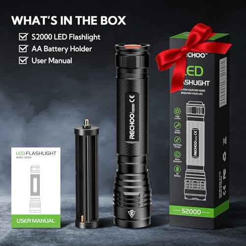 RECHOO S2000 LED Flashlight High Lumens, Super Bright, Powerful, Mid-Size Tactical Flashlight with 3 Modes, Zoomable, Water Resistant Flashlights for Home, Emergencies, Camping, Outdoor Use