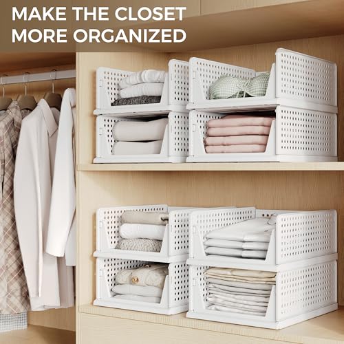 Pinkpum 6 Pack White Stackable Closet Storage Bins - Multi-Functional Drawer Organizers