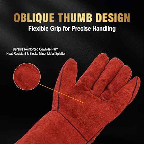 14 Inch Welding Gloves with Soft Fleece Lined Palm, 932¢µ Heat/Fire Resistant Leather For Mig,Tig,Stick,BBQ,Fireplace