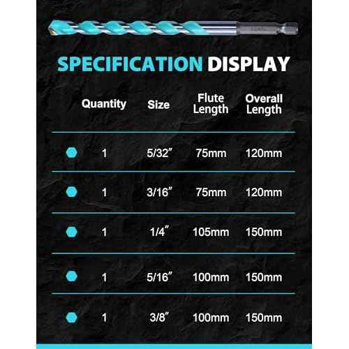 EZARC Masonry Drill Bit Set, Concrete Drill Bit Set with Hex Shank for Brick/Cement/Tile/Block/Plastic/Glass/Wood/Metal, Carbide Drill Bit Tip 5/32"-3/8", 5PCS