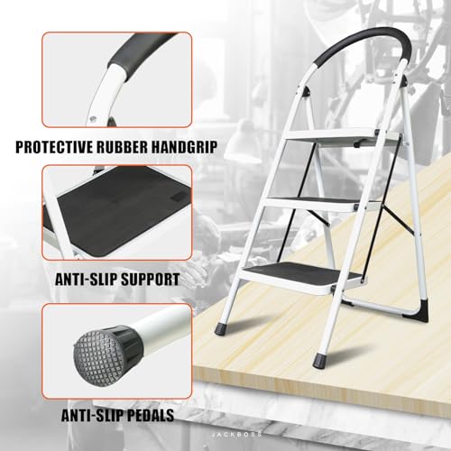 Jack Boss 3-Step Folding Ladder with Anti-Slip Pedals, 27.2 Inch Service Height, 400 lbs Capacity