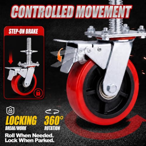 4 Pack 6 Inch Heavy-Duty Adjustable Scaffolding Caster Wheels with Brakes
