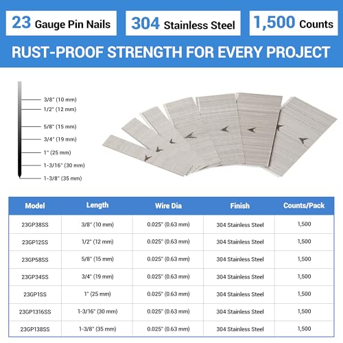 Meite 23 Gauge 1-3/8 Inch Stainless Steel Pin Nails for Nail Gun, Micro Headless Nails, 1,500 Counts