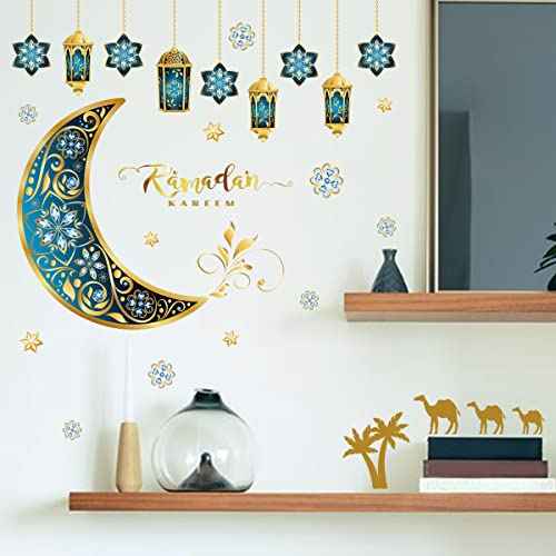 Ramadan Wall Stickers Islamic Muslim Wall Decals Eid Mubarak Ramadan Lantern Moon Star Window Decor for Home Living Room Bedroom Decorations Ramadan Wall Clings (Gold and Blue)