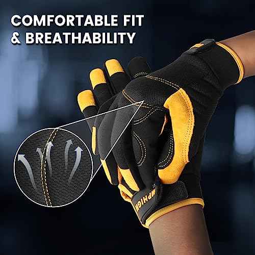 JUMPHIGH Mens Work Gloves, Synthetic Leather Mechanic Gloves, Utility, Touchscreen, Multipurpose, Construction, Warehouse, Truck Driving (L)