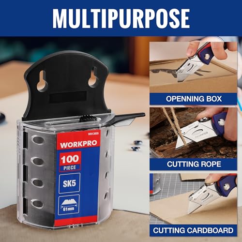 WORKPRO 100 Pack Utility Knife Blades SK5 Steel with Dispenser - Sharp & Durable Replacement Blades