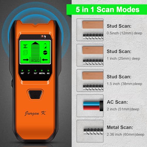 Jurgen K 5-in-1 Wall Stud Finder - Tropical Orange, Metal & Pipe Detector with LCD Display
