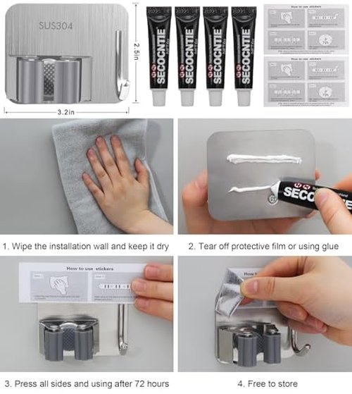 Broom Holder Self Adhesive No Drill Wall Mount Mop Broom Organizer with Hook Heavy Duty Stainless Steel Garden Tool Organizer Garage Storage and Organization Hanger (Silver + Grey)