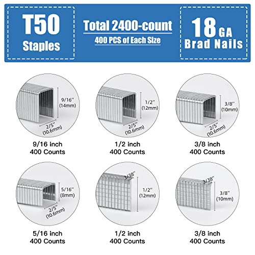 Heavy Duty T50 Staples and 18GA Brad Nails, 2400-Count 6 Sizes Includes: 5/16", 3/8", 1/2", 9/16" T50 Staples and 3/8", 1/2" Brad Nails Assorted, Galvanized