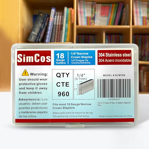 SimCos 18 Gauge 304 Stainless Steel Narrow Crown Staples 1 Inch 960-Pack for Heavy-Duty Upholstery & Roofing