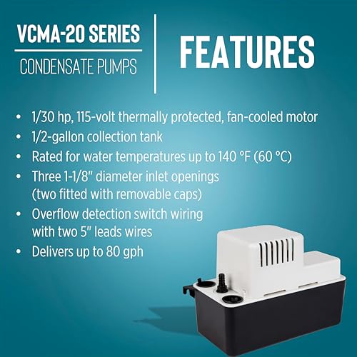 Little Giant VCMA-20ULST 115V Condensate Pump with Overflow Switch & 20ft Tubing