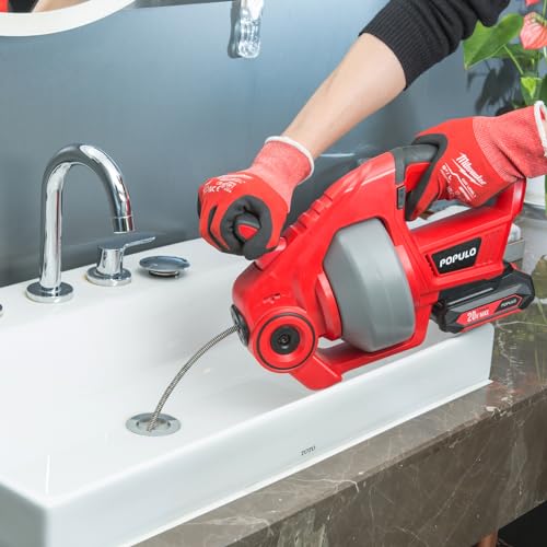 POPULO 20V Cordless 25FT Drain Auger with Auto-Feed & Replaceable Cable - Household Plumbing Tool