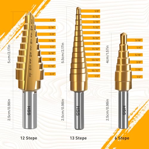 Step Drill Bit Set, 3PCS Titanium High Speed Steel Drill Bits, Step Bits for Metal Aluminium Wood Hole Drilling, Unibit Set for DIY Lovers, 28 Step Sizes (1/8" to 3/4")