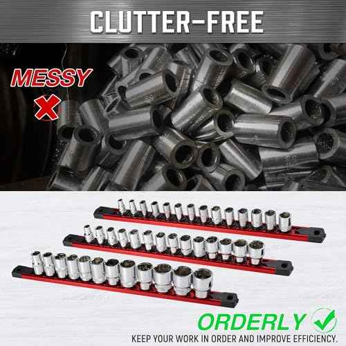 ALOANES 3/8-Inch Drive Magnetic Socket Organizer, Heavy Duty Aluminum Socket Rail Organizer, 360¡Æ Swivel Clips Socket Holder Kit for Tool Box, 3/8-Inch Socket Holder x 14 Clips (Red)