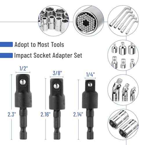 Bates- Flexible Drill Bit Extension Set with Right Angle Drill Attachment, 4 pcs, 360¡Æ Rotatable 1/2" 1/4" 3/8" Impact Socket Adapter Set, 105 Degree Right Angle Drill Adapter