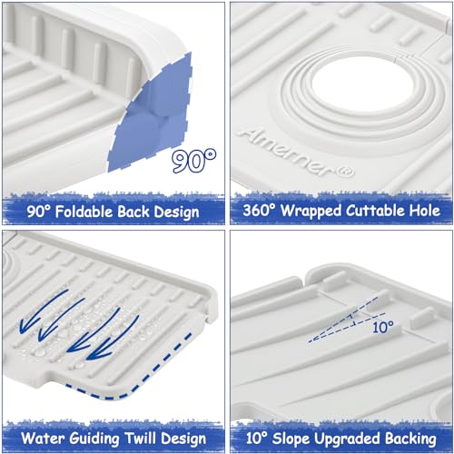 Amerner 14.2 x 5.1 Inch White Silicone Sink Splash Guard & Faucet Mat - Kitchen & Bathroom Organizer