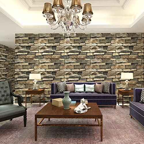 TUOKING Peel and Stick Stone Wallpaper Self-Adhesive Removable Wallpaper Home Decoration for Bedroom, Kitchen 17.7 in x 9.8 ft, Stone Brick