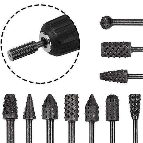 10Pcs 1/8''(3mm) Shank Rotary Burr Rasp Set, Carbon Steel Wood Carving File Rasp Drill Bits Fit for Rotary Tools for DIY Woodworking Wood Plastic Carving Polishing Grinding Engraving