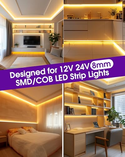 HitLights 8mm Solderless LED Tape Light Connectors Pack of 12 for 12V/24V Single Color Strips