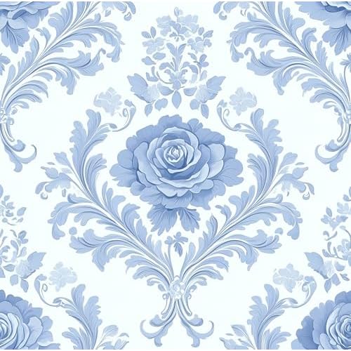 White and Blue Damask Peel and Stick Wallpaper Floral Contact Paper 16.9" x 118.1" Vintage Blue Rose Self Adhesive Wallpaper Boho Removable Decorative Wall Paper for Bedroom Cabinets Vinyl