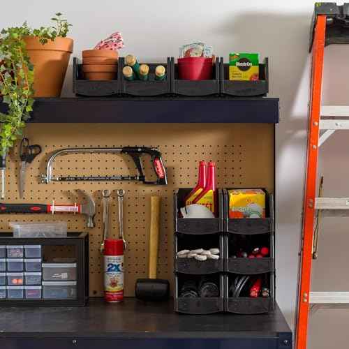 IRIS USA Medium Stackable Storage Bins, 8-Pack, 11"L x 6"W x 5"H, |Made in USA|, Plastic Open Front Shelf Bin for Organizing Parts, Hardware, Tools, Supplies, Garage Shelf, Pantry - Black