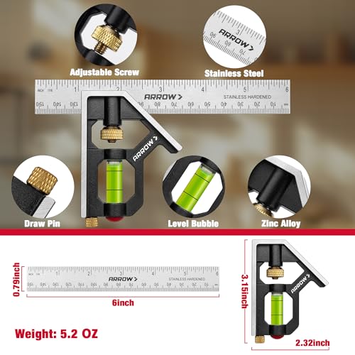 Arrow Combination Square, 6-Inch Combo Square with Bubble Level