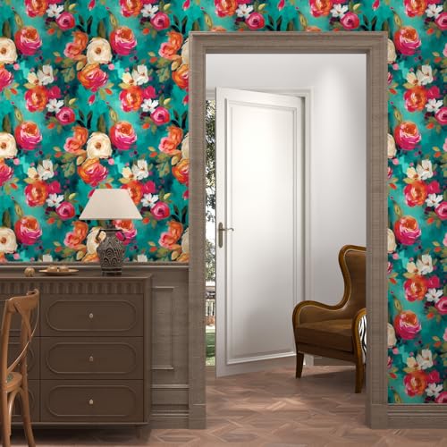 BOKEBEVE Floral Boho Peel and Stick Wallpaper Teal Blue 17.5 x 78.5 Inches