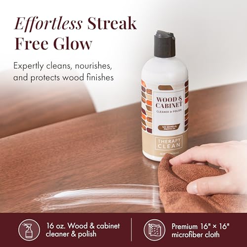 Therapy Wood Cleaner & Polish Pack of 1 with Microfiber Cloth - 16 oz Restores Cabinets & Furniture
