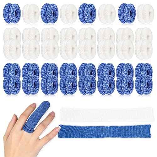 Nuanchu 40 Pcs Finger Bandage Finger Cots Protectors Tubular Breathable Bandage for Wound Care Cotton Fingertips Covers Disposable Cots for Thumb Sprains Gardening Fitness (White,Blue,23.6 Inch)