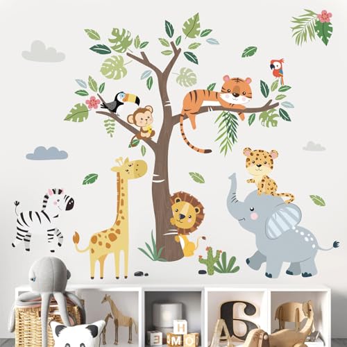 Decalmile Jungle Animals Tree Wall Decals Nursery Decor - Variation C