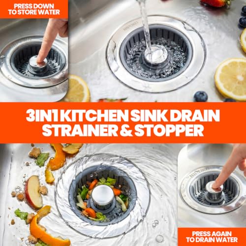 Nipoko 2 Pack 3-in-1 Kitchen Sink Drain Strainer Stopper Basket - Silver