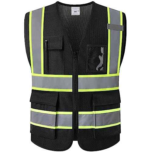 Reflective Safety Vest for Men Women with 5 Pockets and Zipper Front Mesh High Visibility Vest Hi Vis Work Vest,Meets ANSI/ISEA Standards(KZ177-Black-L)