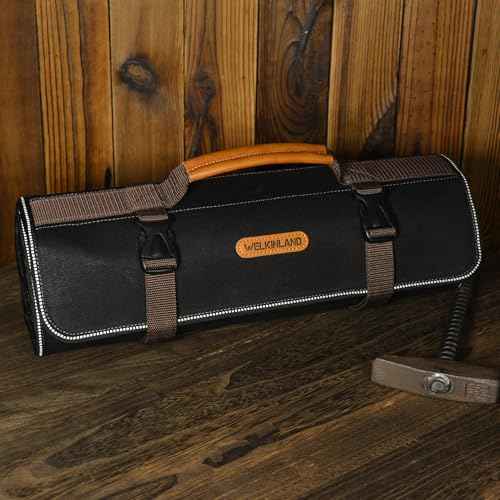WELKINLAND 18-Pockets Waxed Canvas Tool Roll, Heavy-Duty tool bag roll, Waterproof tool roll up bag, 17" Canvas tool roll, Screwdriver roll up bag