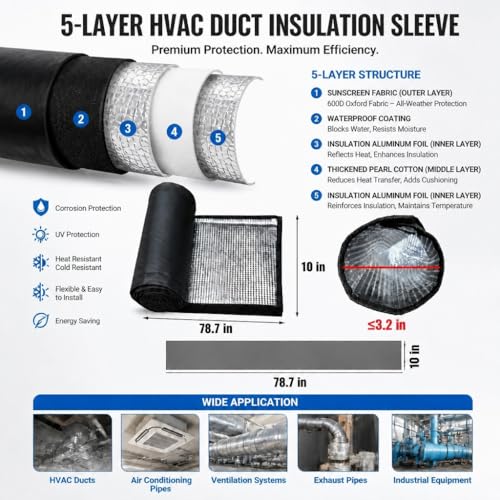 Black 5-Layer HVAC Pipe Insulation Cover 78.7x10in Weatherproof Wrap
