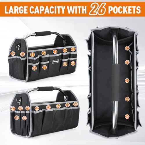 18 Inch Tool Bag, Electrician Tool Bag, Open Top Tool Bags, 26 Pockets Can Hold Many Tools, Steel Handle and Removable Shoulder Strap