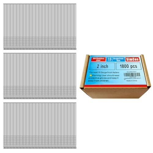 SimCos 16 Gauge 2 Inch Stainless Steel Finish Nails 1800 Pack for Outdoor & Indoor Use