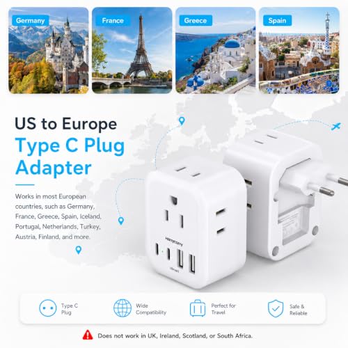 HANYCONY Foldable European Travel Plug Adapter US to Europe Type C 2 Pack