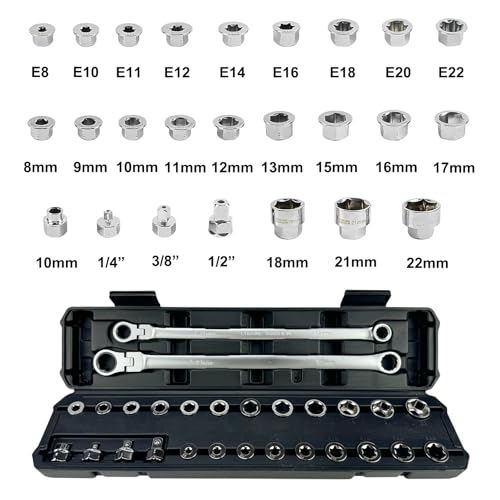 TR TOOLROCK 27PCS Extra Long Flex Head Ratcheting Wrench Set, Metric Double Box End Ratchet Wrench Set with Replacement Heads, 72-Tooth, E-type 8-22mm, 1/4", 3/8", 1/2" Socket Adapters