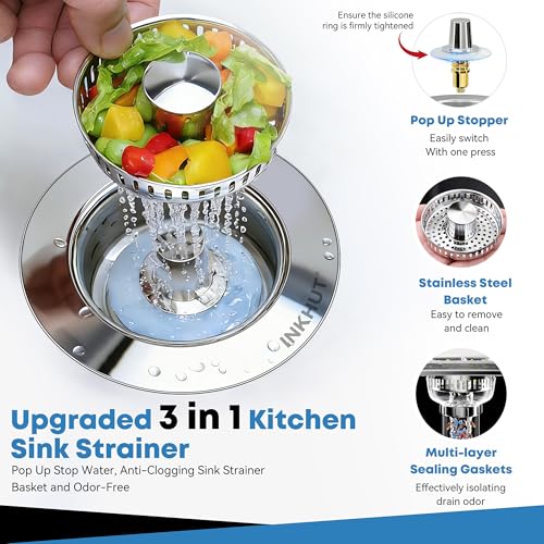 Inkhut Silver 3-in-1 Kitchen Sink Drain Strainer - 1 Pack Upgrade