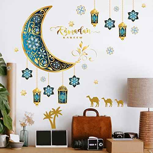 Ramadan Wall Stickers Islamic Muslim Wall Decals Eid Mubarak Ramadan Lantern Moon Star Window Decor for Home Living Room Bedroom Decorations Ramadan Wall Clings (Gold and Blue)