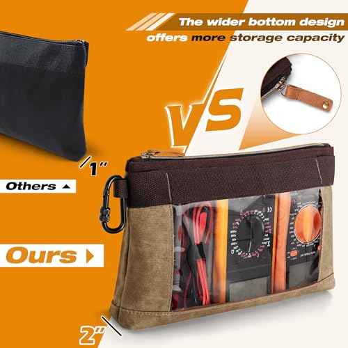 4 Pack Heavy Duty Tool Pouch with Carabiner, 12¡± Canvas Tool Pouch Bag with Clear Window (4 Colors: Black, Gray, Green, Khaki)