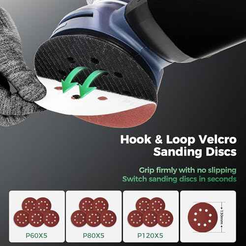 5-Inch Random Orbital Sander with Brake, 3.0AMP Electric Palm Sander 6 Variable Speed, 13000RPM Power Sander with 15pcs Sandpapers, ZeroDust & Vacuum Attach Collection System for Woodworking Sanding
